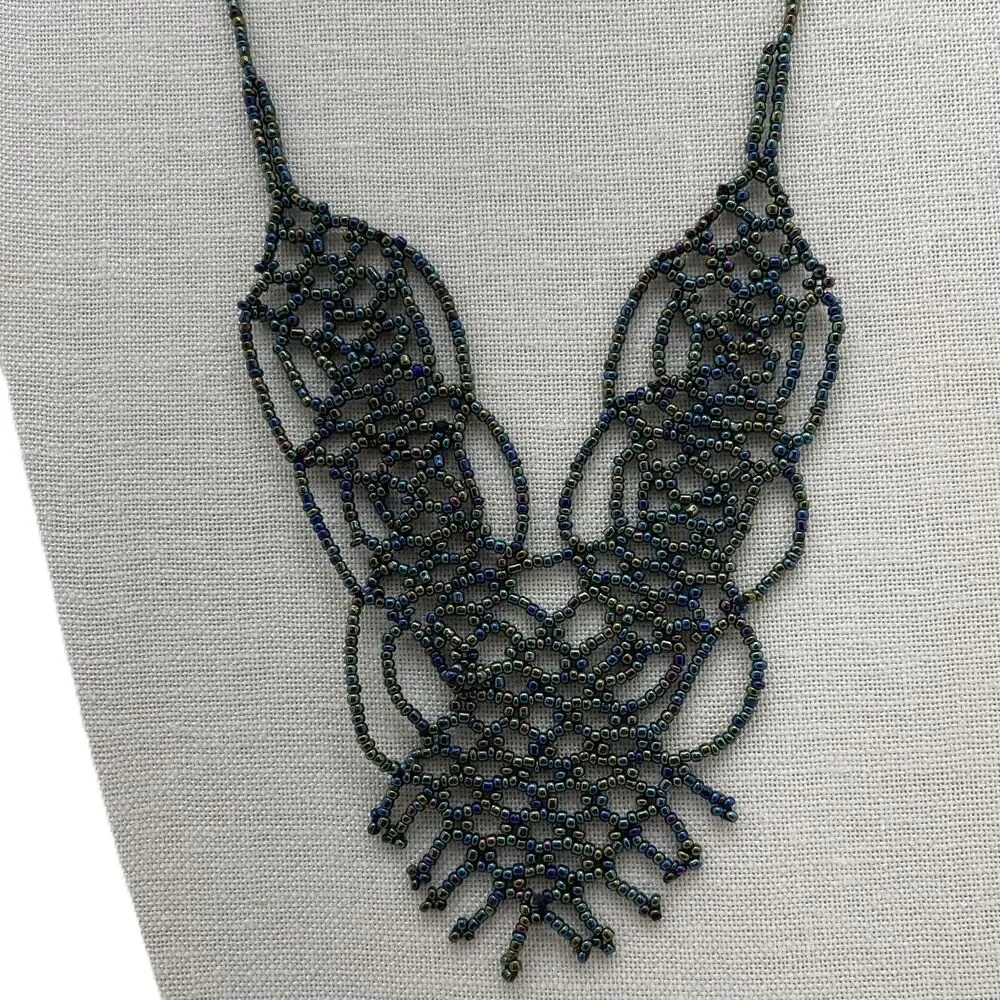 Petrol Purple Iridescent Beaded Bib Collar Necklace Costume Jewelry Statement